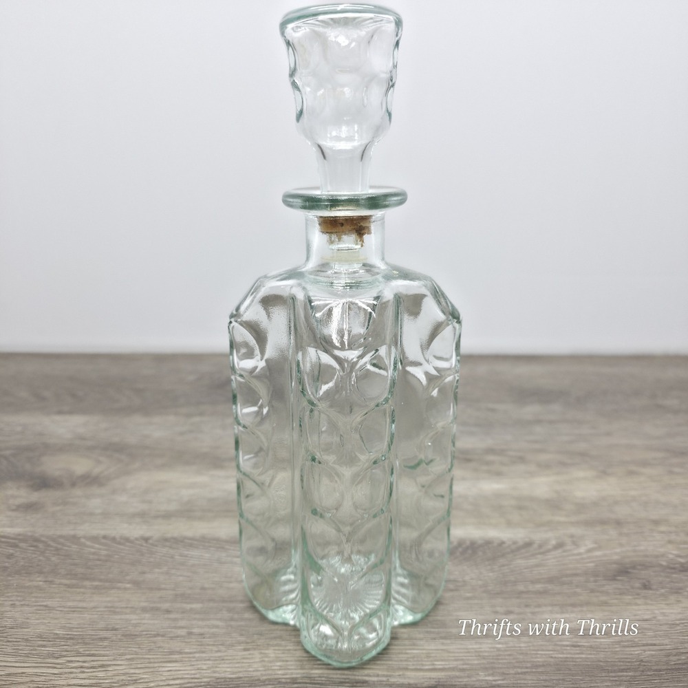Vintage 1960's Thumb Pinch Glass Decanter Bottle W/ Stopper - 11"